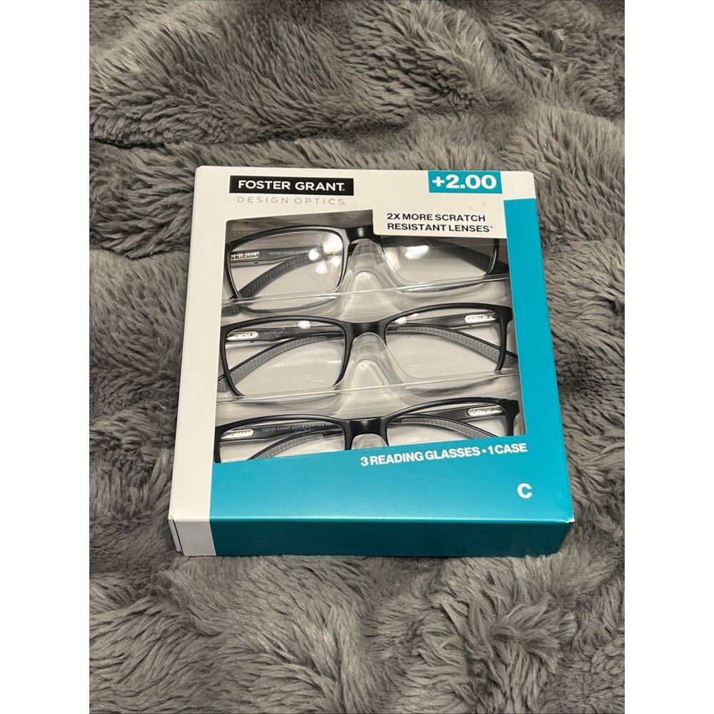 Foster Grant +2.00 Reading Glasses Set of 3 Black Square Scratch Resistant